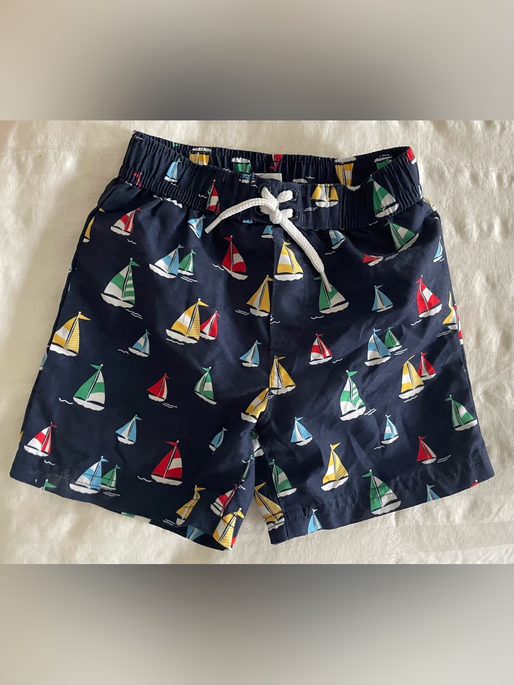 Little Me Navy Sailboat Print Swim Shorts with Drawstring